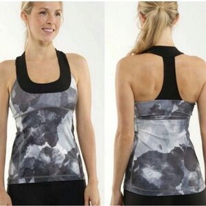 LULULEMON WOMENS 10 TANK TOP SCOOP NECK BLACK GRAY WATERCOLOR TIE DYE LULU GYM